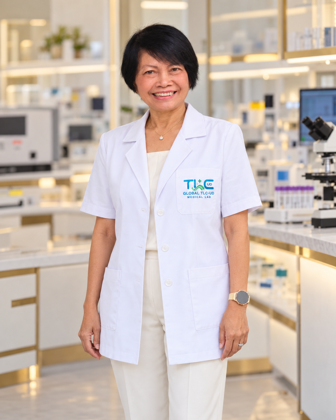 Dr. Apakorn wearing a medical laboratory coat with the Global TLC-UD logo